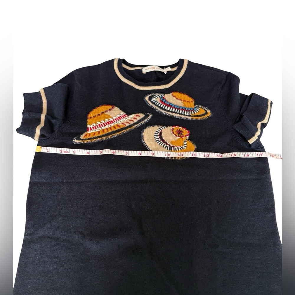 Tory Burch 100% Merino Wool Navy Hand Embroidered Beaded Sunhat Print Sweater M - Picture 12 of 15